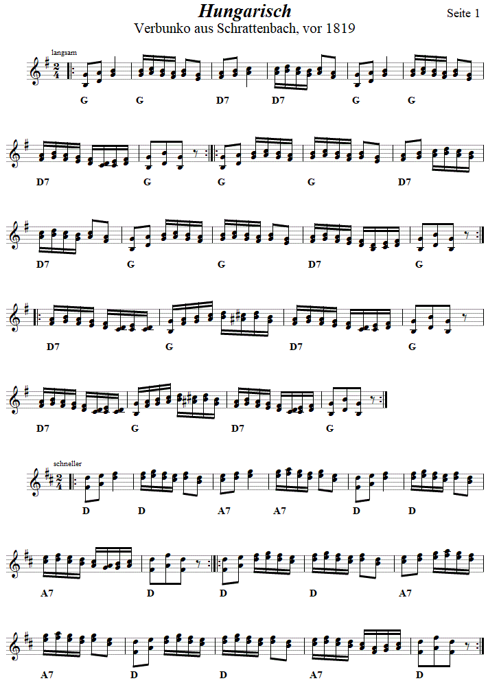 Hungarisch in zweistimmigen Noten, Seite 1. 
Bitte klicken, um die Melodie zu hören.
