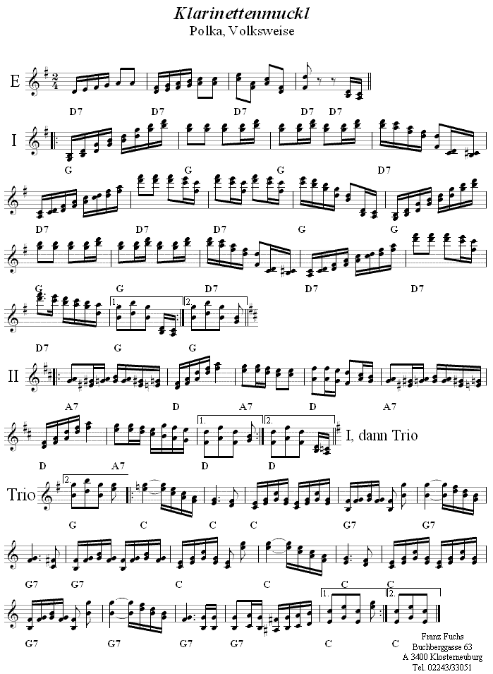 Klarinettenmuckl in zweistimmigen Noten. 
Bitte klicken, um die Melodie zu hören.
