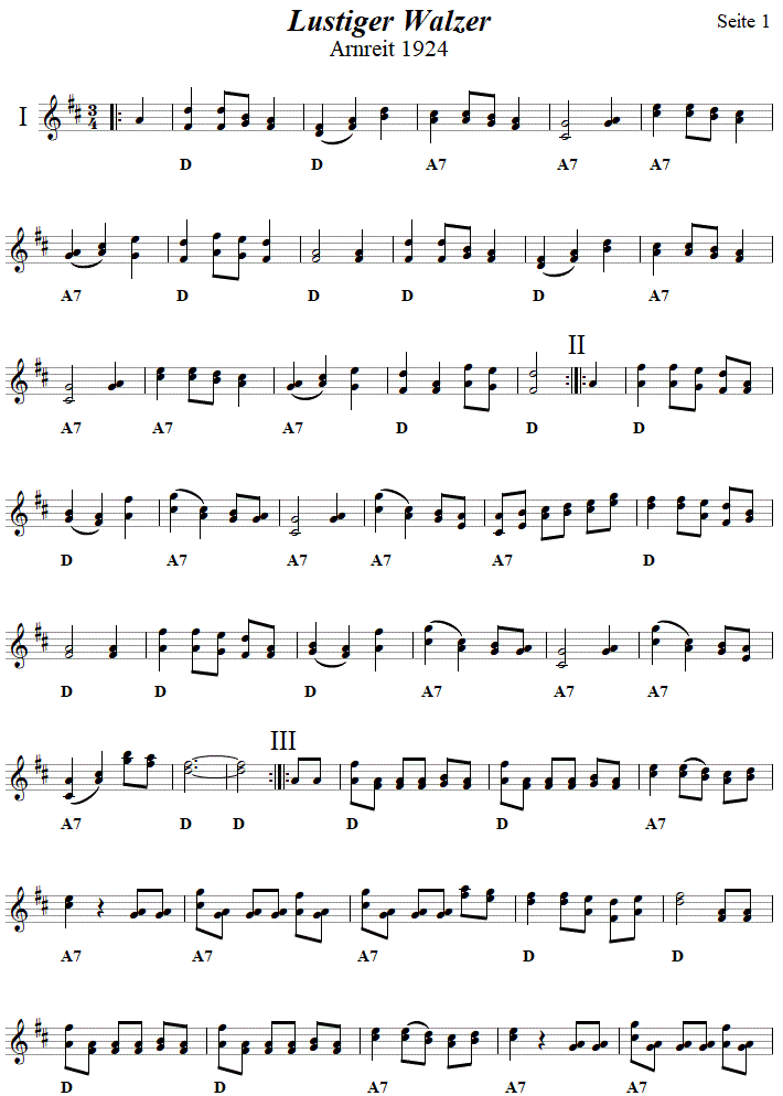 Lustiger Walzer aus Arnreit in zweistimmigen Noten, Seite 1. 
Bitte klicken, um die Melodie zu hren.