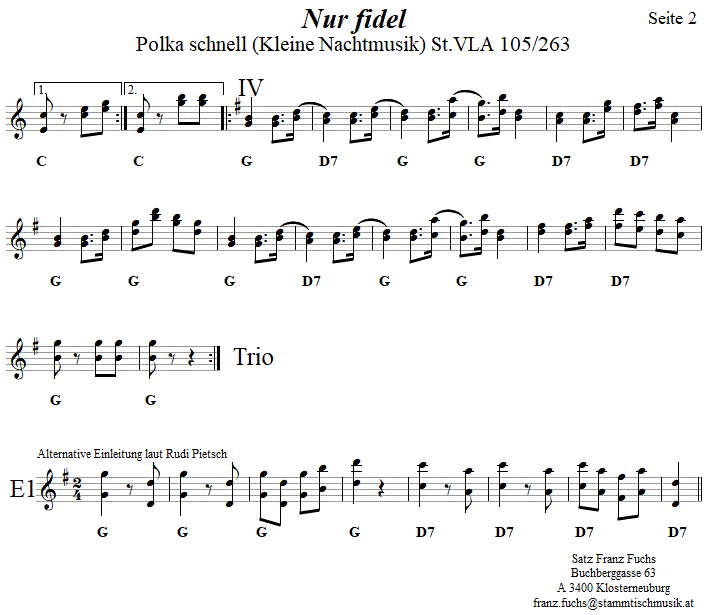 Nur fidel - Polka schnell, Seite 2, in zweistimmigen Noten. 
Bitte klicken, um die Melodie zu hren.