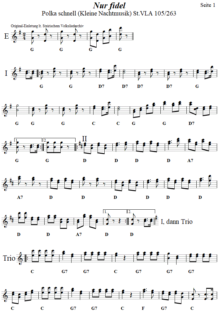 Nur fidel - Polka schnell, Seite 1, in zweistimmigen Noten. 
Bitte klicken, um die Melodie zu hren.