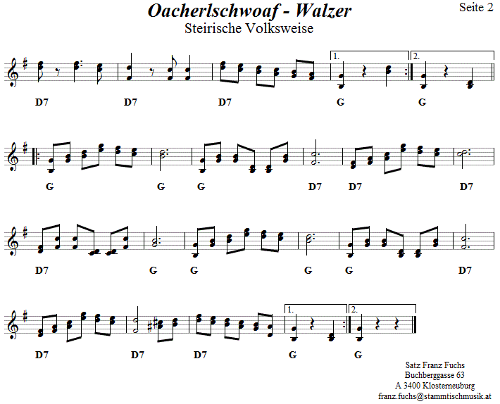 Oacherlschwoaf-Walzer, Seite  2 in zweistimmigen Noten.| 
Bitte klicken, um die Melodie zu hren.