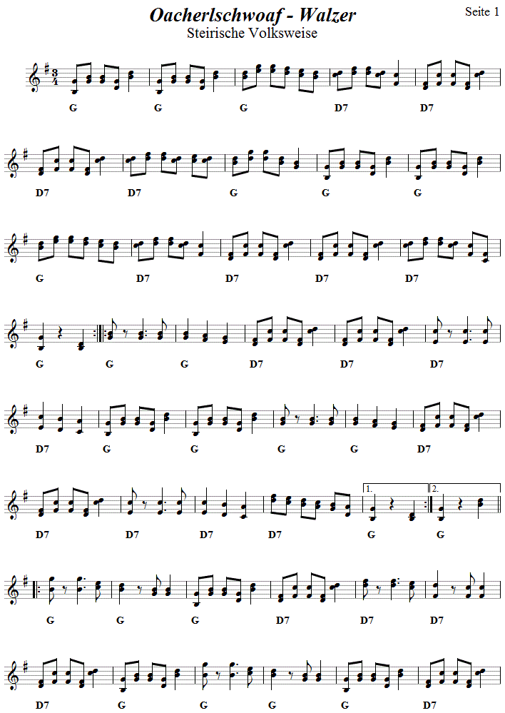 Oacherlschwoaf-Walzer, Seite 1 in zweistimmigen Noten.| 
Bitte klicken, um die Melodie zu hren.