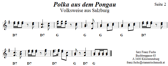 Polka aus dem Pongau, Seite 2, in zweistimmigen Noten. 
Bitte klicken, um die Melodie zu hören.