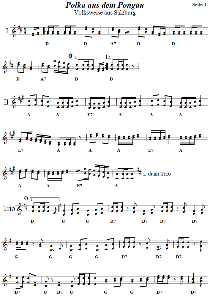 Polka aus dem Pongau, Seite 1, in zweistimmigen Noten. 
Bitte klicken, um die Melodie zu hören.