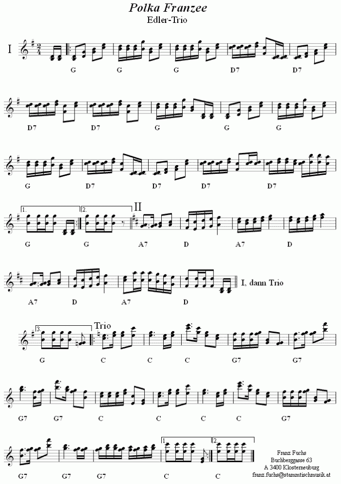 Polka franzee vom Edler-Trio - zweistimmige Noten. 
Bitte klicken, um die Melodie zu hören.