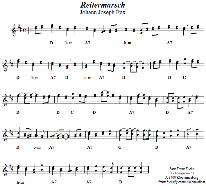 Reitermarsch von Johann Joseph Fux, zweistimmige Noten. 
Bitte klicken, um die Melodie zu hören.