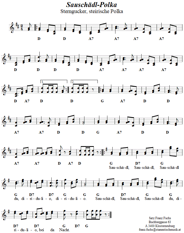 Sauschdl-Polka (Sterngucker-Polka) in zweistimmigen Noten. 
Bitte klicken, um die Melodie zu hren.