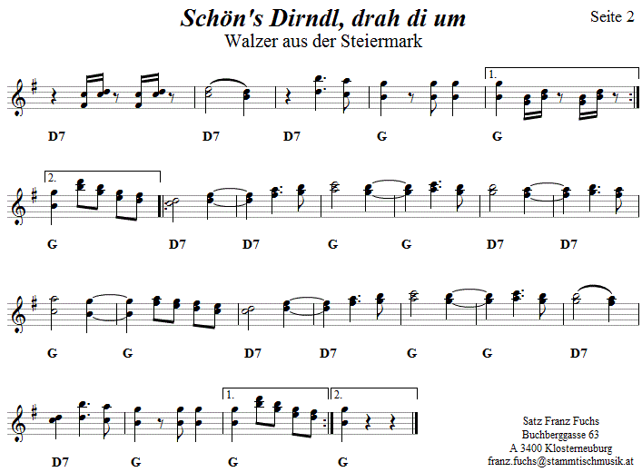 Schns Dirndl, drah di um, Walzer in zweistimmigen Noten, Seite 2. 
Bitte klicken, um die Melodie zu hren.