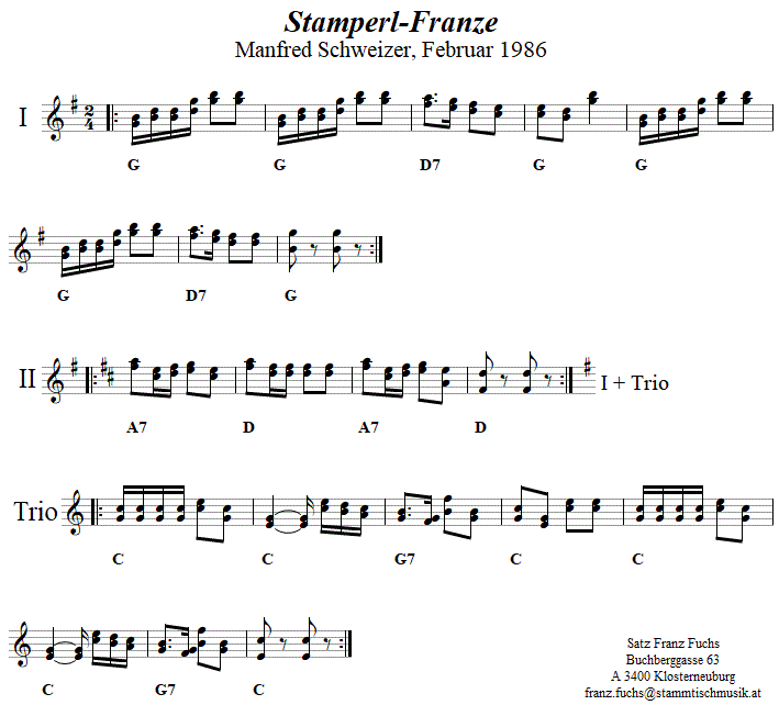 Stamperl-Franze von Manfred Schweizer in zweistimmigen Noten. 
Bitte klicken, um die Melodie zu hren.
