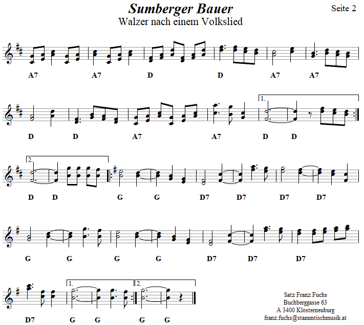 Sumberger Bauer Walzer in zweistimmigen Noten, Seite 2. 
Bitte klicken, um die Melodie zu hren.