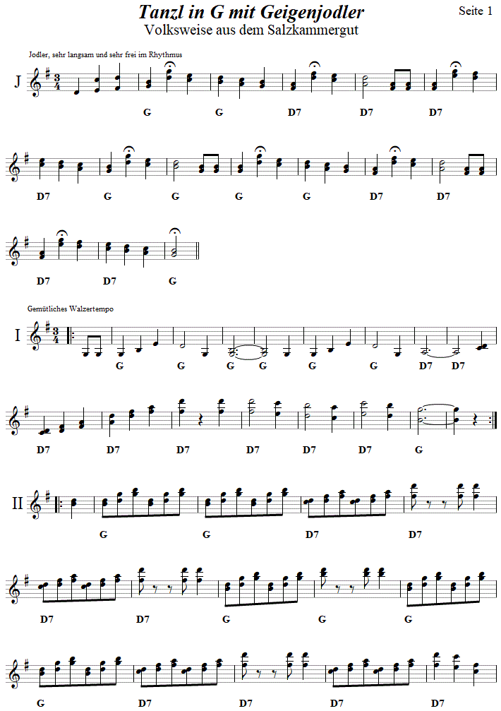 Tanzl in G mit Jodler, Seite 1, in zweistimmigen Noten. 
Bitte klicken, um die Melodie zu hren.