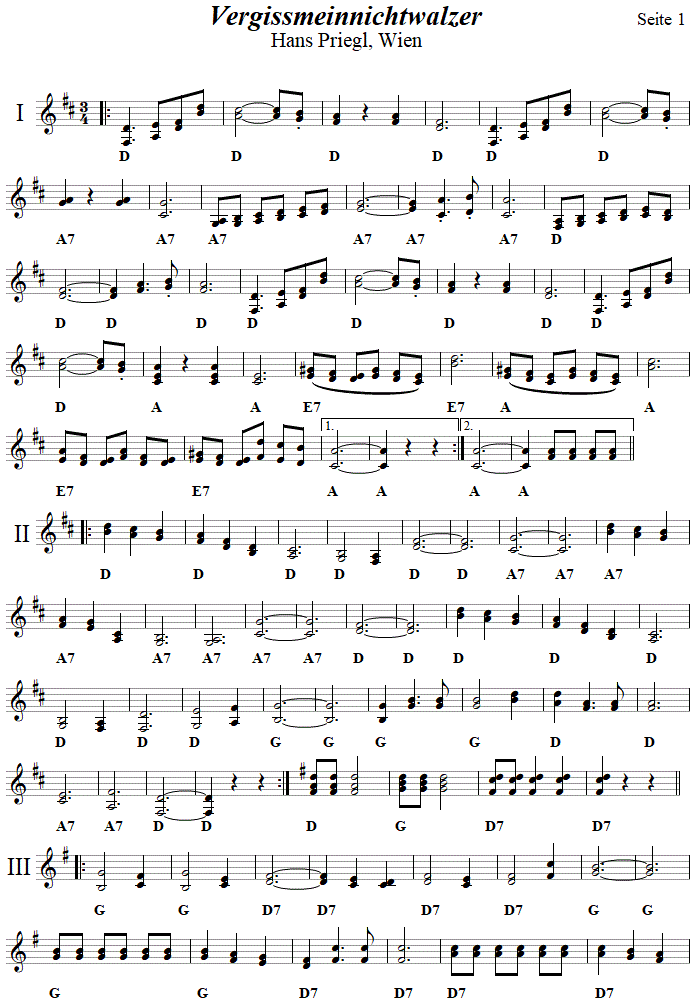 Vergissmeinnichtwalzer von Hans Priegl, Seite 1, in zweistimmigen Noten. 
Bitte klicken, um die Melodie zu hren.