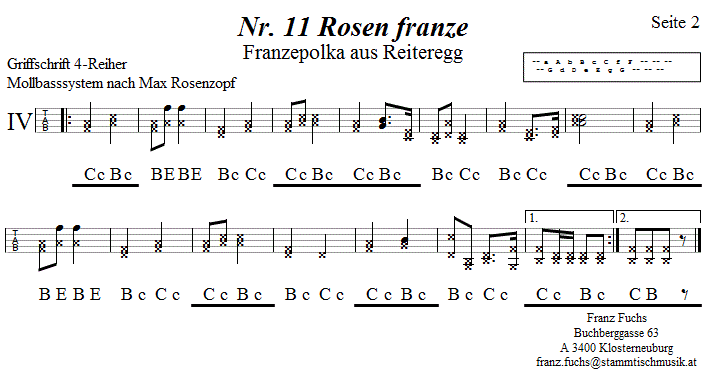 Nr. 11 Rosen franze 2 in Griffschrift fr Steirische Harmonika. 
Bitte klicken, um die Melodie zu hren.