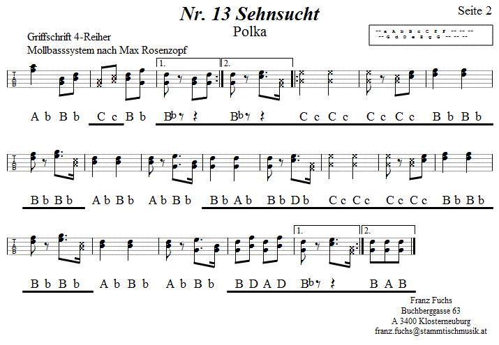 Nr. 13 Sehnsucht Pollka 2 in Griffschrift fr Steirische Harmonika. 
Bitte klicken, um die Melodie zu hren.
