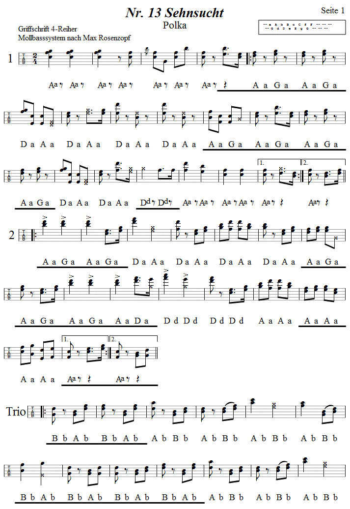 Nr. 13 Sehnsucht Polka in Griffschrift fr Steirische Harmonika. 
Bitte klicken, um die Melodie zu hren.