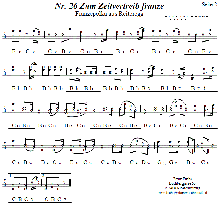 Nr. 26 Zum Zeitvertreib franze Seite 2 in Griffschrift fr Steirische Harmonika. 
Bitte klicken, um die Melodie zu hren.