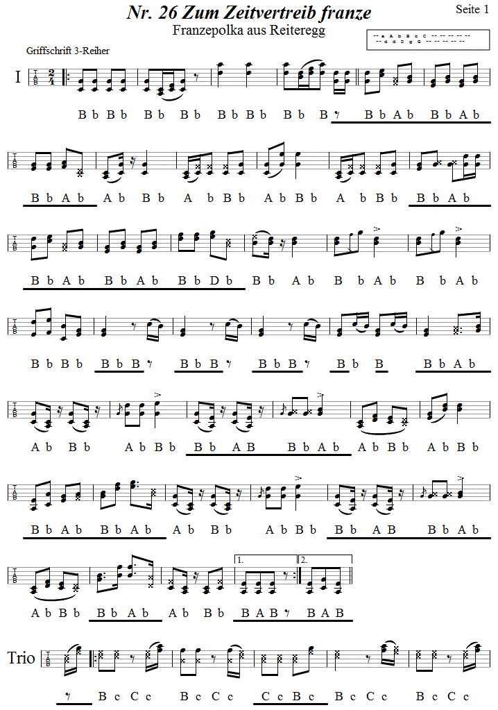 Nr. 26 Zum Zeitvertreib franze Seite 1 in Griffschrift fr Steirische Harmonika. 
Bitte klicken, um die Melodie zu hren.
