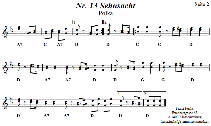 Nr. 13 Sehnsucht Pollka 2 in zweistimmigen Noten. 
Bitte klicken, um die Melodie zu hren.