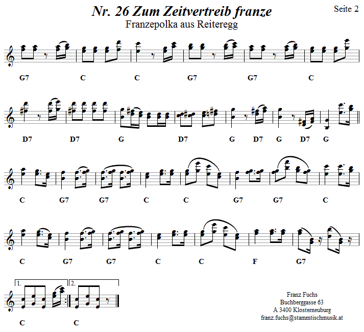 Nr. 26 Zum Zeitvertreib franze 2 in zweistimmigen Noten. 
Bitte klicken, um die Melodie zu hren.