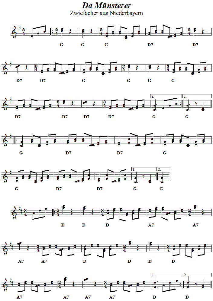 Da Mnsterer, Zwiefacher in zweistimmigen Noten, Seite 1. 
Bitte klicken, um die Melodie zu hren.