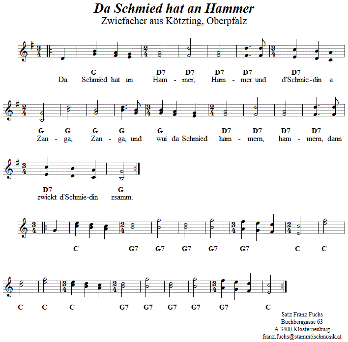 Da Schmied hat an Hammer, (Lochzang), Zwiefacher in zweistimmigen Noten. 
Bitte klicken, um die Melodie zu hren.