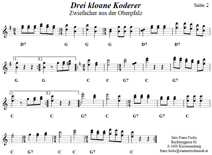 Drei kloane Koderer, Zwiefacher in zweistimmigen Noten, Seite 2. 
Bitte klicken, um die Melodie zu hren.