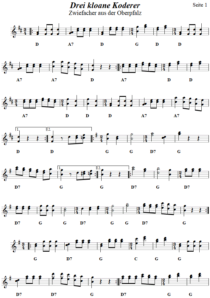 Drei kloane Koderer, Zwiefacher in zweistimmigen Noten, Seite 1. 
Bitte klicken, um die Melodie zu hren.
