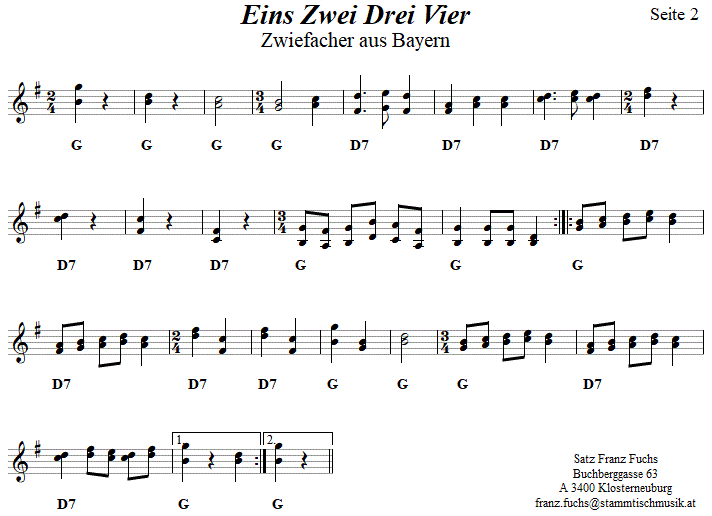 Eins Zwei Drei Vier, Zwiefacher in zweistimmigen Noten, Seite 2. 
Bitte klicken, um die Melodie zu hren.