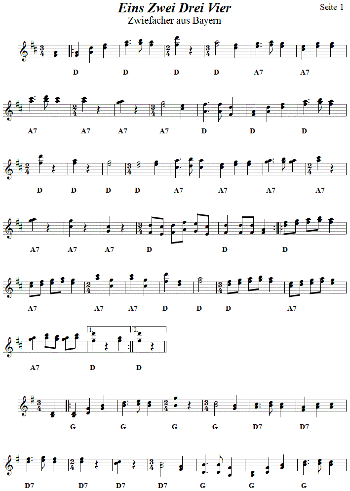 Eins Zwei Drei Vier, Zwiefacher in zweistimmigen Noten, Seite 1. 
Bitte klicken, um die Melodie zu hren.