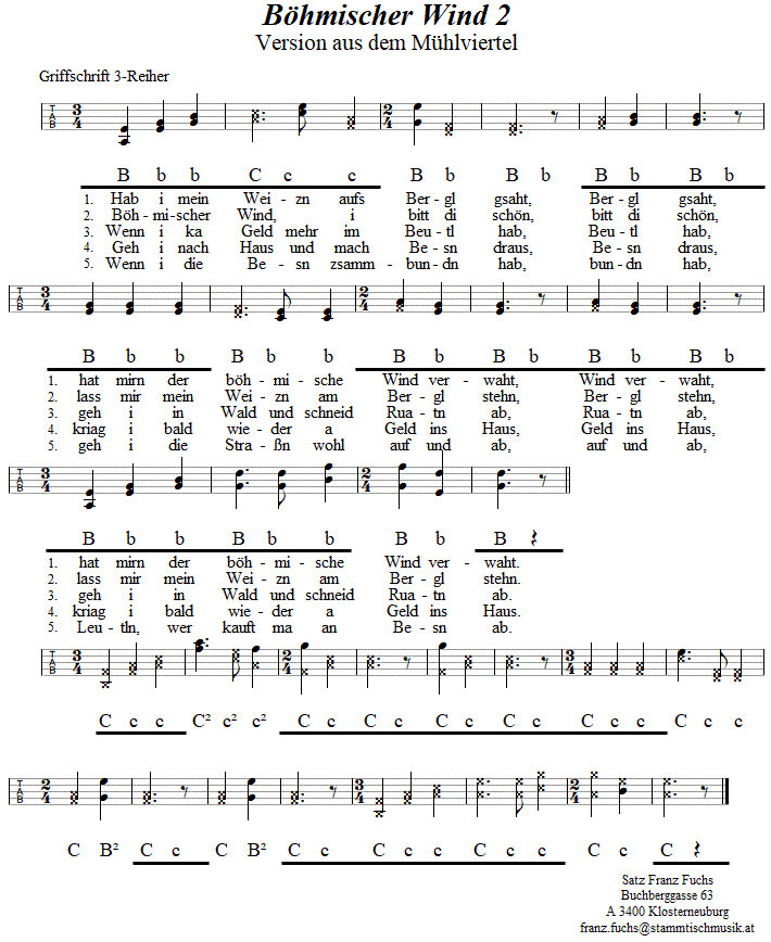 Bhmischer Wind 2, Zwiefacher in Griffschrift fr Steirische Harmonika. 
Bitte klicken, um die Melodie zu hren.