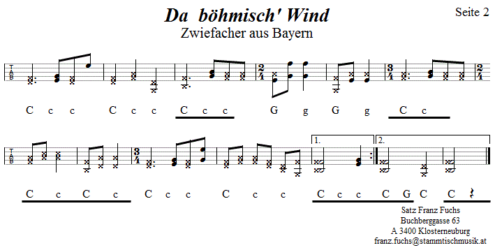 Da bhmisch' Wind, Seite 2, Zwiefacher in Griffschrift fr Steirische Harmonika. 
Bitte klicken, um die Melodie zu hren.