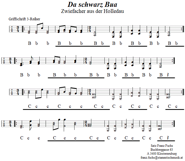 Da schwarz Bua, Zwiefacher in Griffschrift fr Steirische Harmonika. 
Bitte klicken, um die Melodie zu hren.