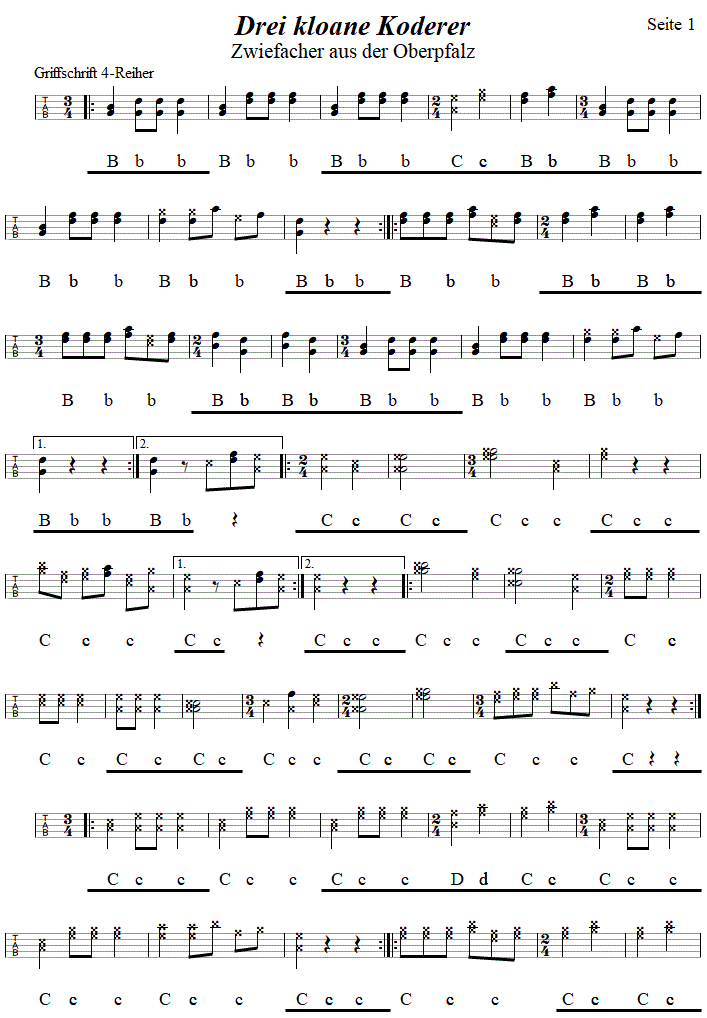 Drei kloane Koderer, Zwiefacher in Griffschrift fr Steirische Harmonika, Seite 1. 
Bitte klicken, um die Melodie zu hren.