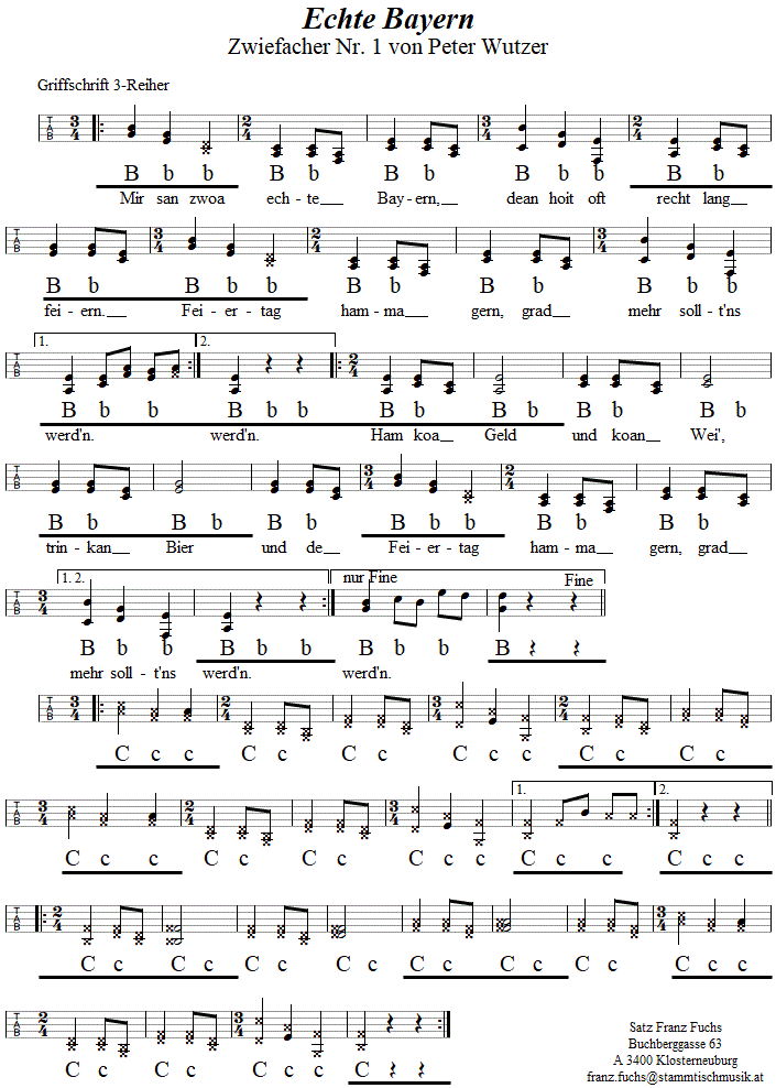 Echte Bayern, Zwiefacher Nr. 1 von Peter Wutzer in Griffschrift fr Steirische Harmonika.
Bitte klicken, um die Melodie zu hren.