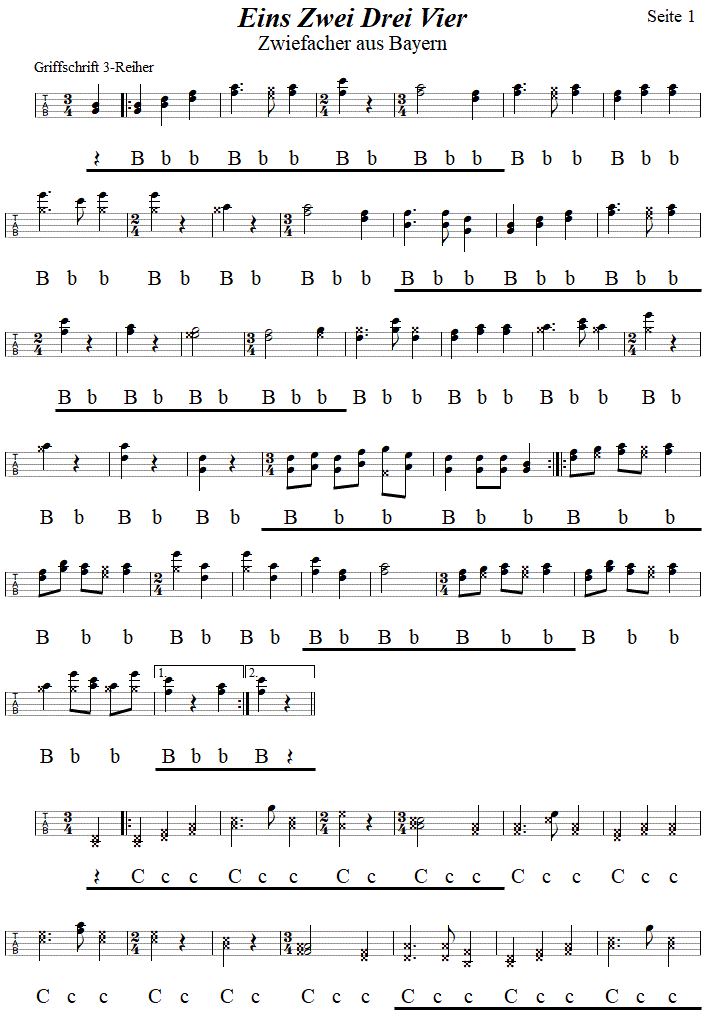 Eins Zwei Drei Vier, Zwiefacher in Griffschrift fr Steirische Harmonika, Seite 1. 
Bitte klicken, um die Melodie zu hren.
