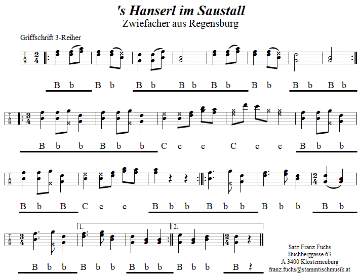 's Hanserl am Saustall, Zwiefacher in Griffschrift fr Steirische Harmonika. 
Bitte klicken, um die Melodie zu hren.
