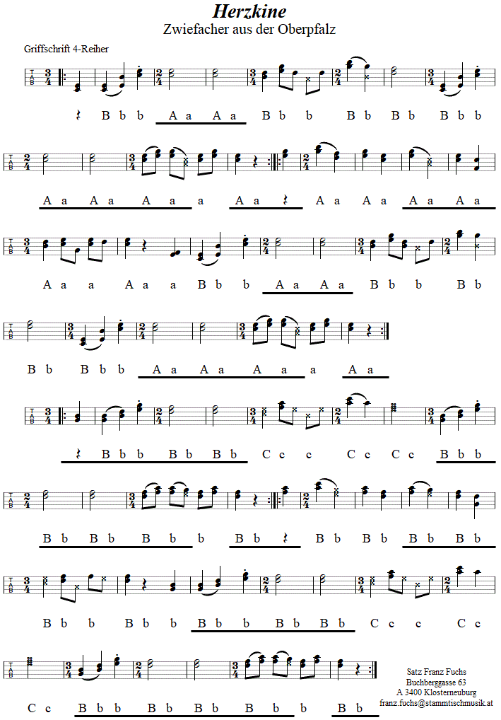 Herzkine, Zwiefacher in Griffschrift fr Steirische Harmonika. 
Bitte klicken, um die Melodie zu hren.