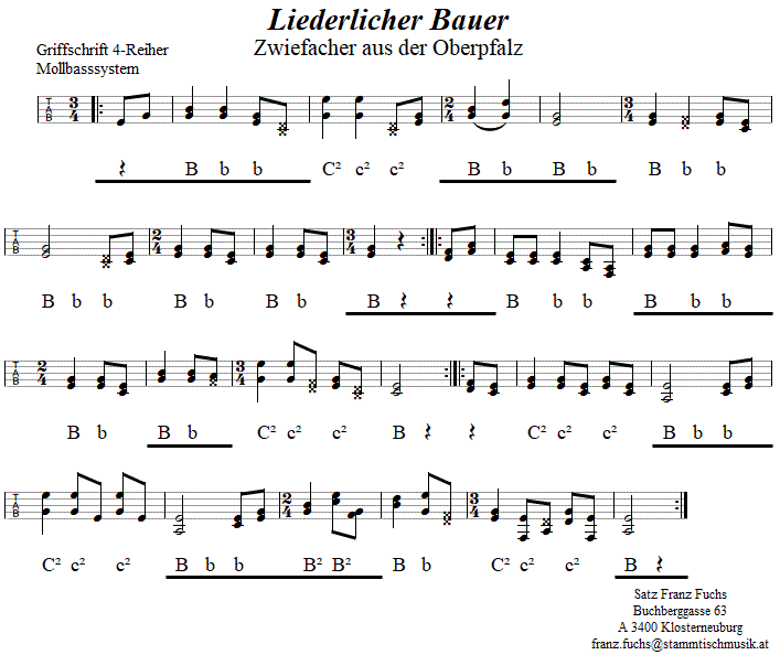 Liederlicher Bauer Zwiefacher in Griffschrift fr Steirische Harmonika. 
Bitte klicken, um die Melodie zu hren.