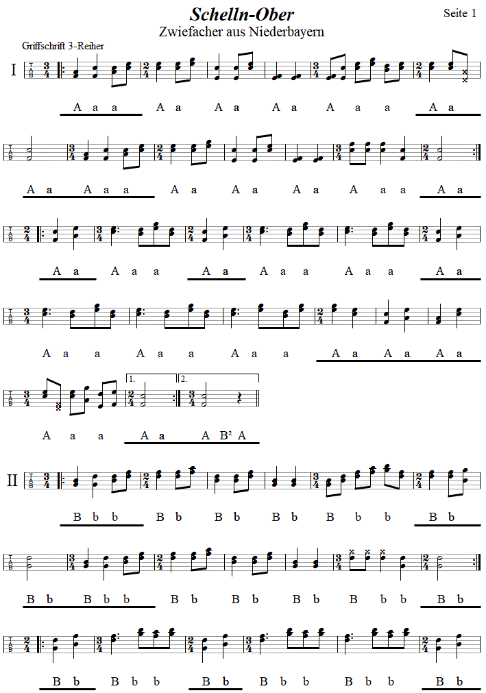 Schelln-Ober, Seite 1, Zwiefacher in Griffschrift fr Steirische Harmonika. 
Bitte klicken, um die Melodie zu hren.