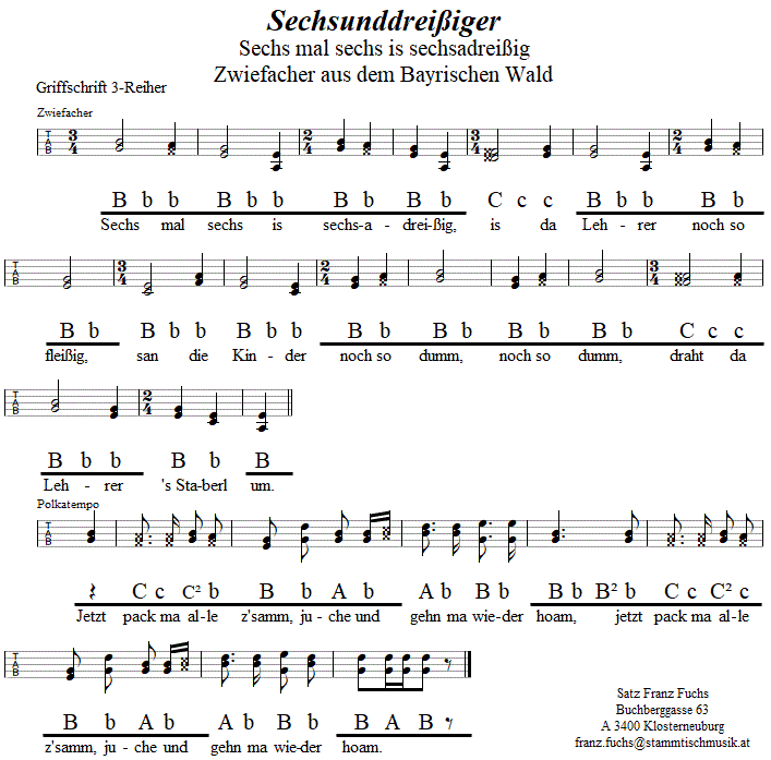 Sechsunddreiiger, Zwiefacher in Griffschrift fr Steirische Harmonika. 
Bitte klicken, um die Melodie zu hren.
