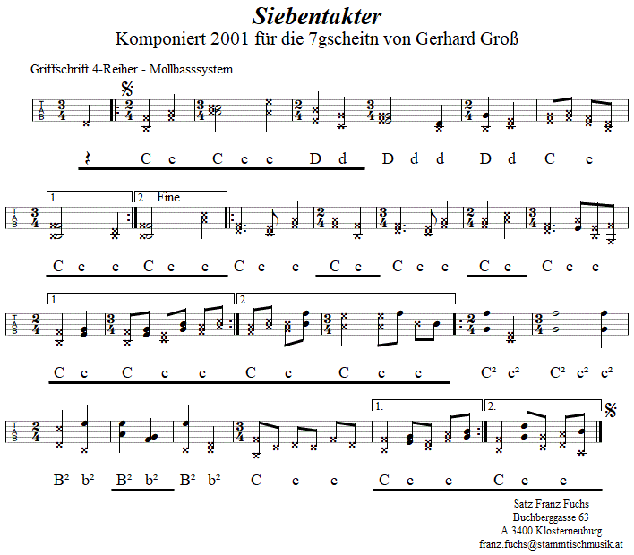 Siebentakter, Zwiefacher von Gerhard Gro in Griffschrift fr Steirische Harmonika. 
Bitte klicken, um die Melodie zu hren.