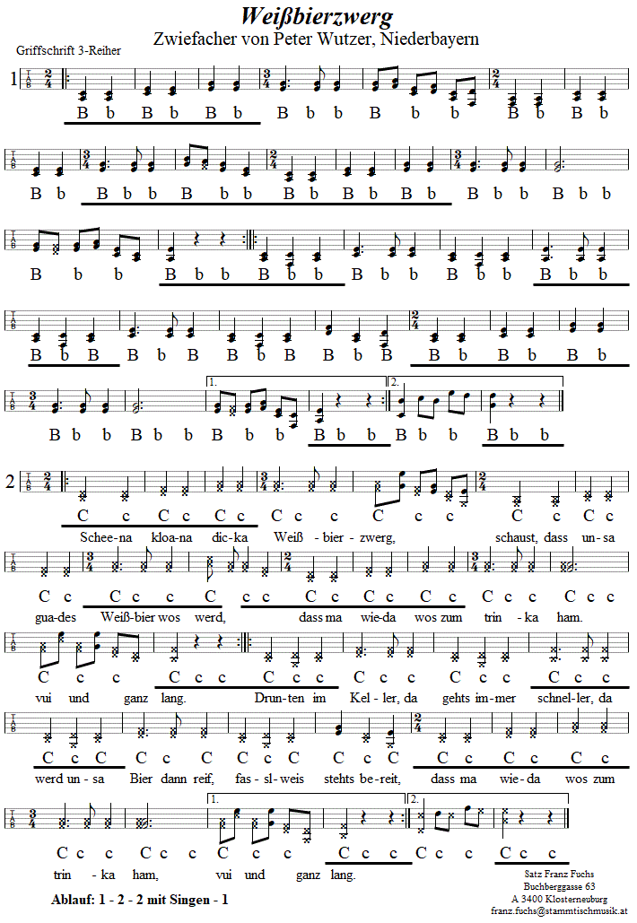 Weibierzwerg, Zwiefacher von Peter Wulzer in Griffschrift fr Steirische Harmonika. 
Bitte klicken, um die Melodie zu hren.