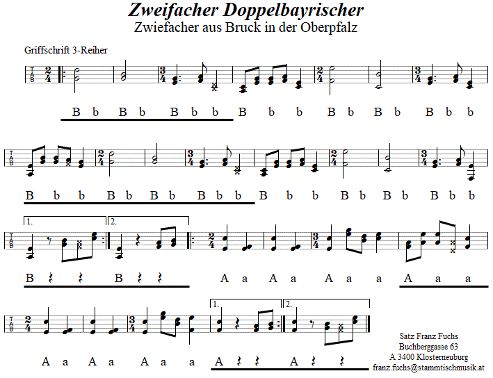 Zweifacher Doppelbayrischer - Zwiefacher in Griffschrift fr Steirische Harmonika. 
Bitte klicken, um die Melodie zu hren.