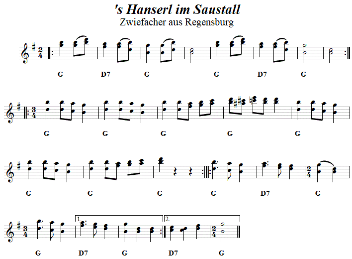 's Hanserl am Saustall, Zwiefacher in zweistimmigen Noten. 
Bitte klicken, um die Melodie zu hren.