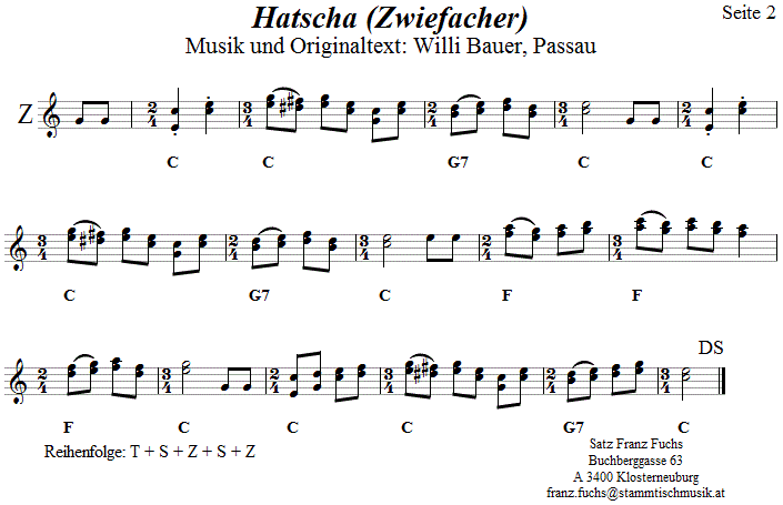 Hatscha, Zwiefacher von Willi Bauer in zweistimmigen Noten, Seite 2. 
Bitte klicken, um die Melodie zu hren.