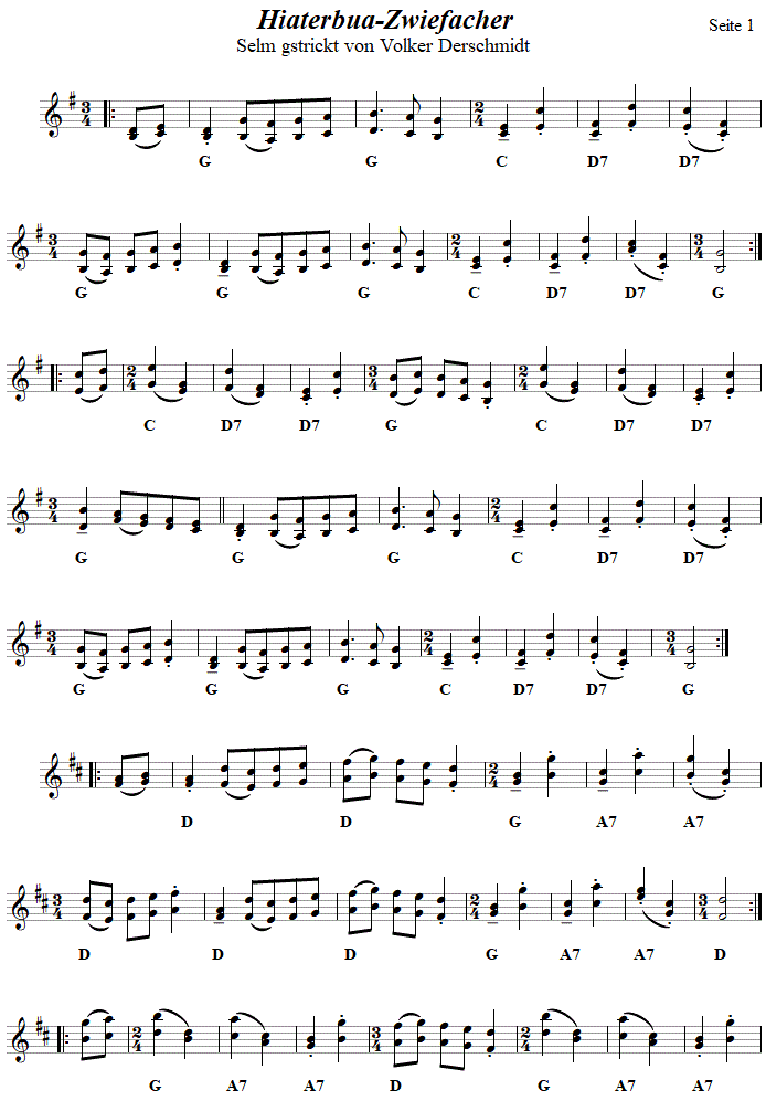 Hiaterbua, Zwiefacher in zweistimmigen Noten, Seite 1. 
Bitte klicken, um die Melodie zu hren.