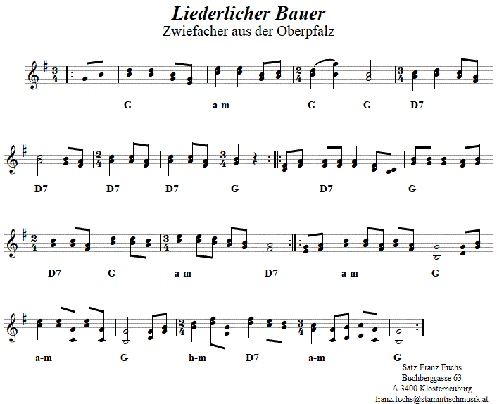 Liederlicher Bauer Zwiefacher in zweistimmigen Noten. 
Bitte klicken, um die Melodie zu hren.