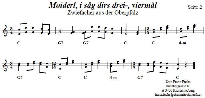 Moiderl, i sg dirs drei- vierml, Zwiefacher in zweistimmigen Noten. 
Bitte klicken, um die Melodie zu hren.