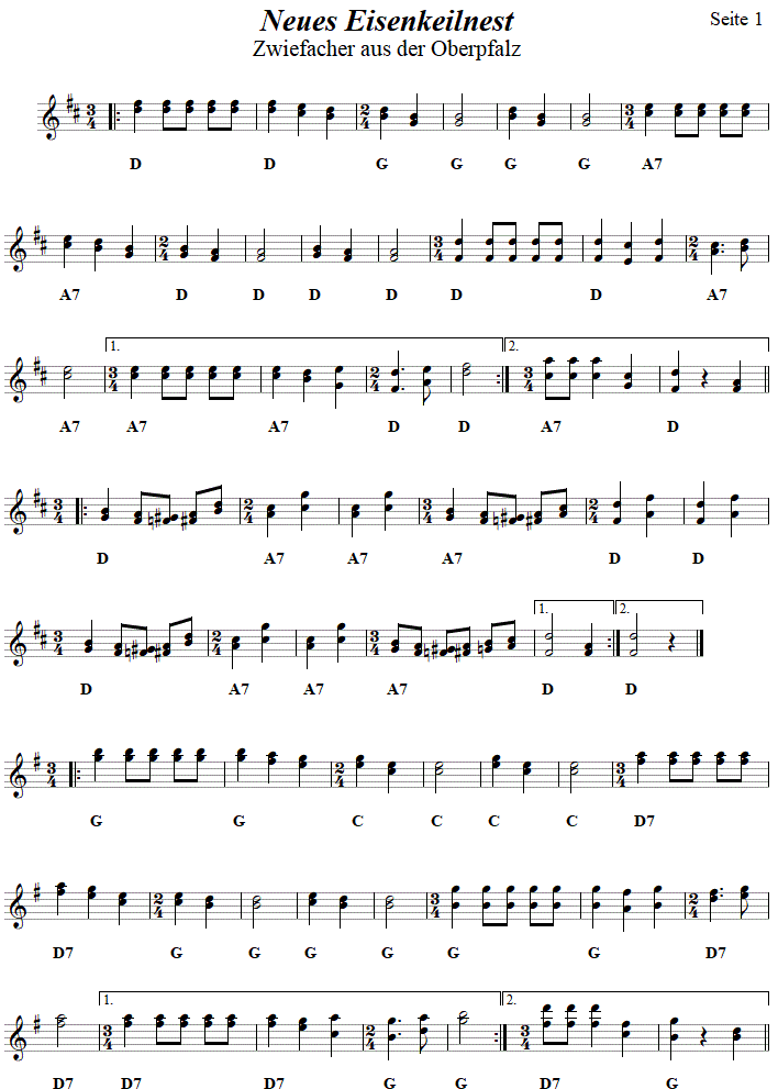 Neues Eisenkeilnest, Seite 1, Zwiefacher in zweistimmigen Noten. 
Bitte klicken, um die Melodie zu hren.